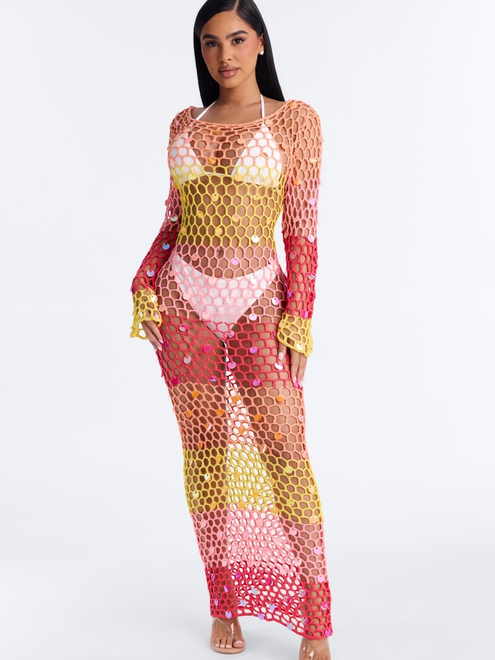 Fashion Nova Multicolor Crochet Maxi Cover-Up in Pink, Yellow & Coral